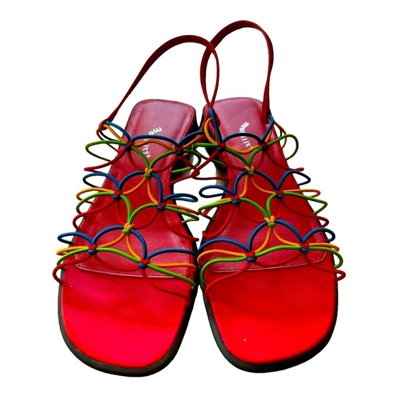 MOBILITY womens 6 open toe sandals RAINBOW colors ELASTIC straps slip on flats - Picture 6 of 8